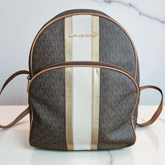 Michael Kors Brown Large Backpack with Gold & White Stripe - Picture 1 of 6
